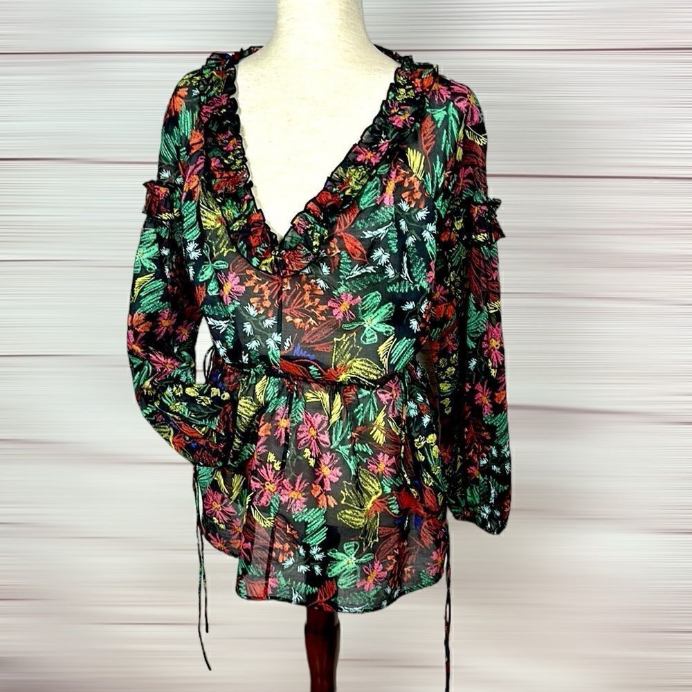 ESCADA Sport V-neck Top Blouse Tunic Cotton Ruffle Detail Long Sleeve EUR 34 US4